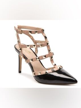 Mix No. 6 Liraven Black Patent Beige Cage Stud Accent Pumps Size 10 10M